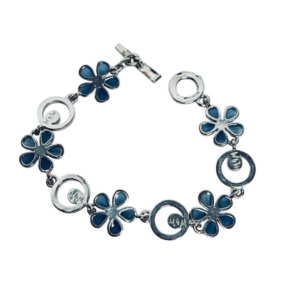 M4M Silver Tone And Blue Rhinestone Floral Link Bracelet Signed 7 1/2” (5920) - Picture 2 of 9